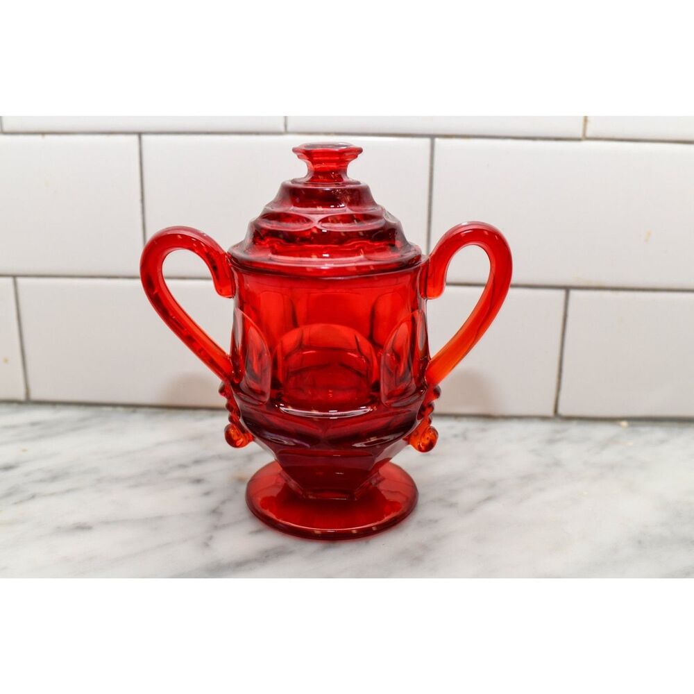 Red Glass Ruby covered sugar bowl Fostoria Argus pattern